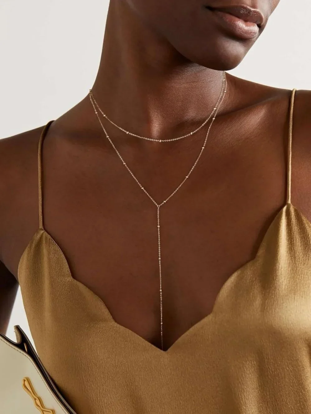 Dainty Gold Lariat Necklace for Women, Y-Shaped Pendant, Layered CZ Beaded Chain